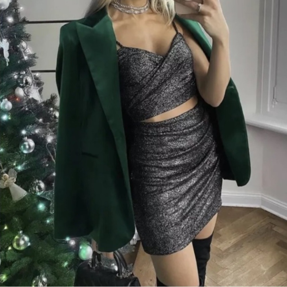 NWT Zara Cut Out Multicolor Sparkle Glam Mini Dress Black Silver Size XS